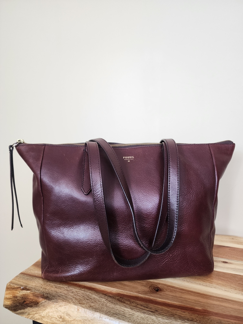 Fossil Sydney Leather Tote Burgundy Wine Oxblood Zip Top Large Shoulder Bag